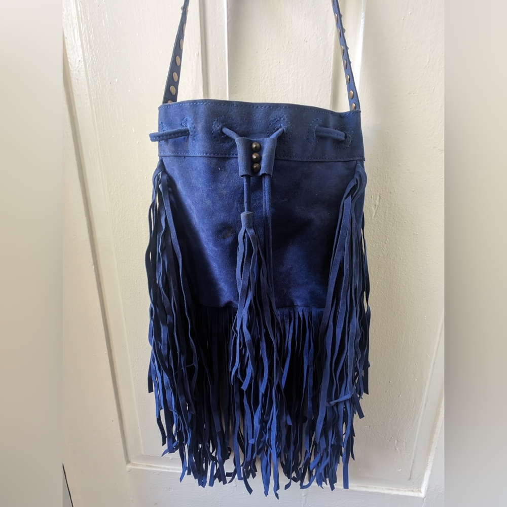 Vintage Blue Suede Studded Fringe Crossbody Bag Purse